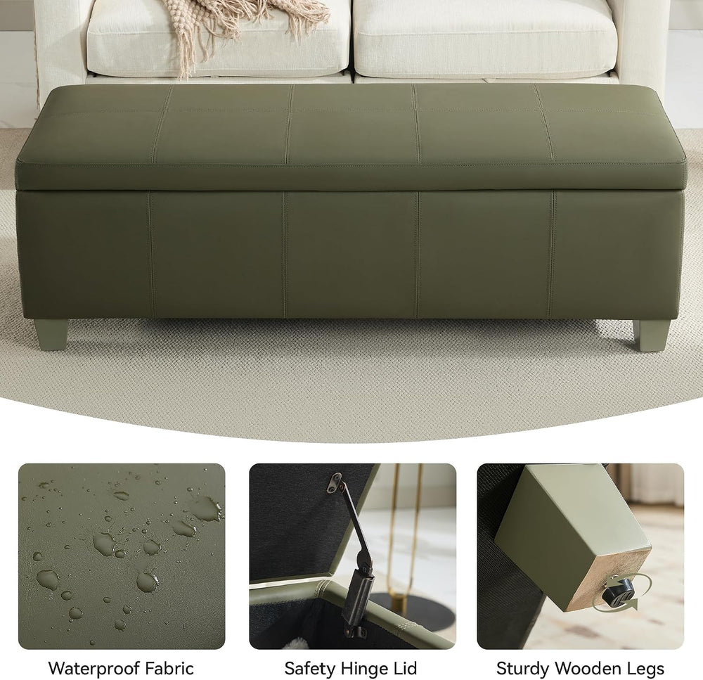 WUTUTUEE 51" Faux Leather Storage Ottoman, Stitch Tufted Rectangle Uphol...