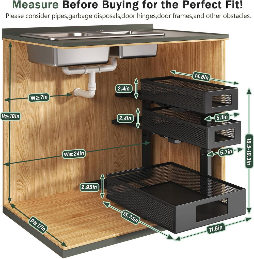 3-Tier Pull Out Under Sink Organizer,2-Pack Heavy Duty Metal Cabinet Organize...