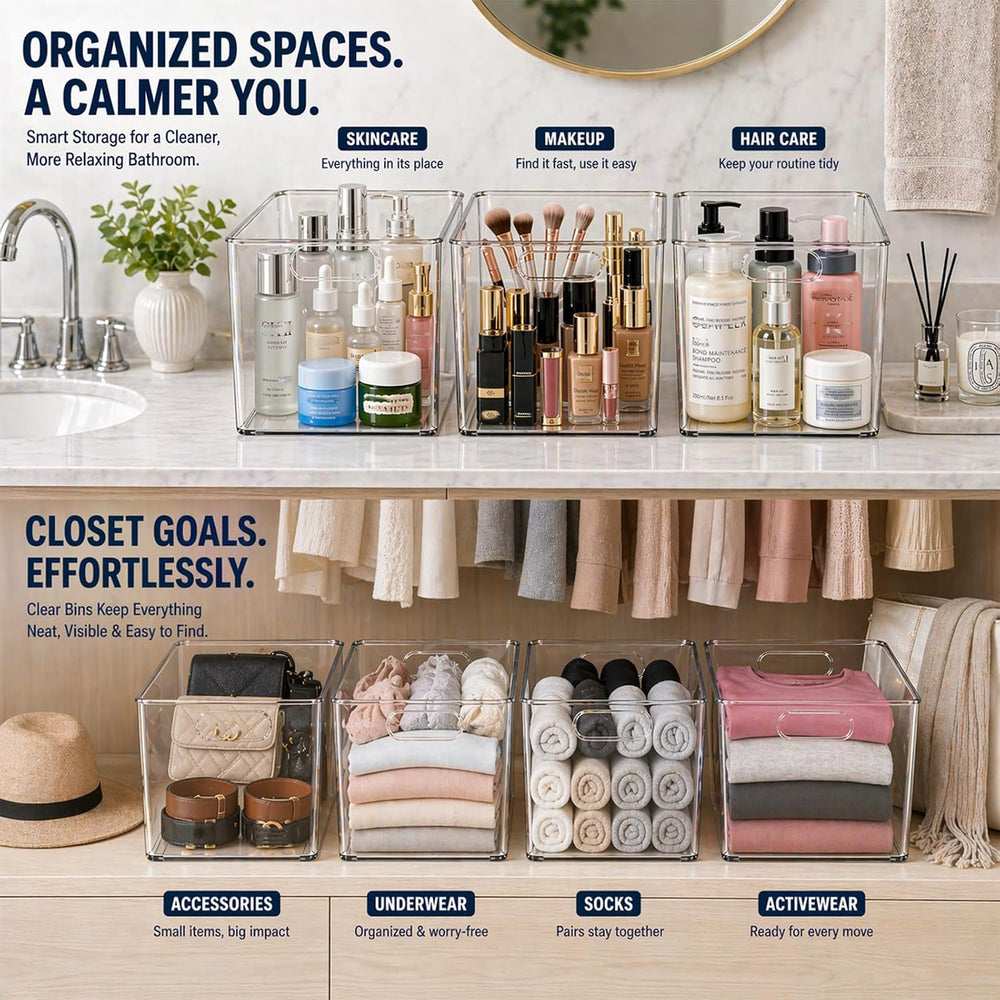MOONEDGE 4 Pack Clear Plastic Storage Bins 11x8x6in Storage Containers