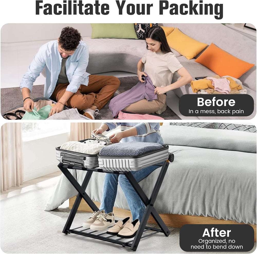 S AFSTAR Folding Luggage Rack with Shoe Shelf, Metal Suitcase Stand, Portable...