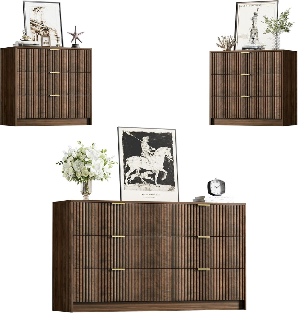 Furniway 3 Piece Bedroom Set, 6 Drawer Dresser and 3-Drawer Nightstand Set of...