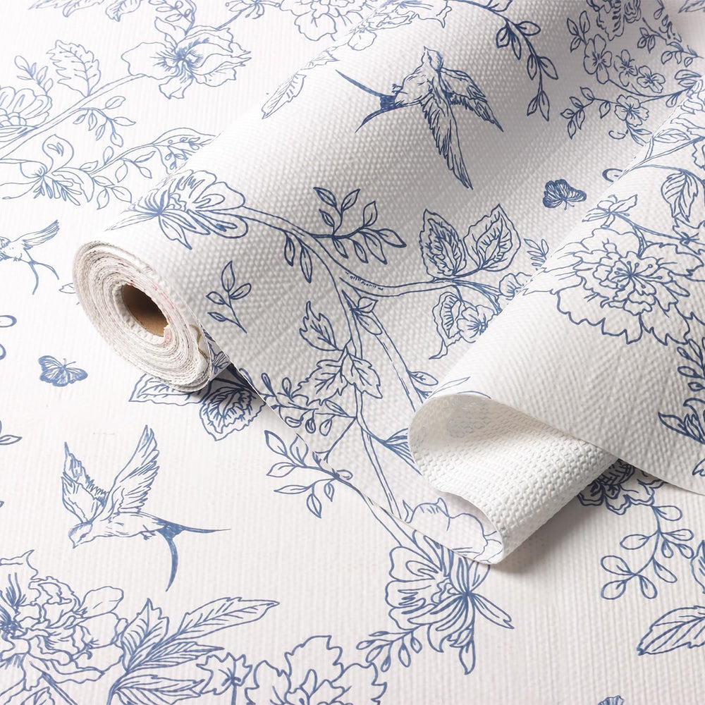 White and Bluer Bird Floral Drawer Liner, 24IN x 10FT