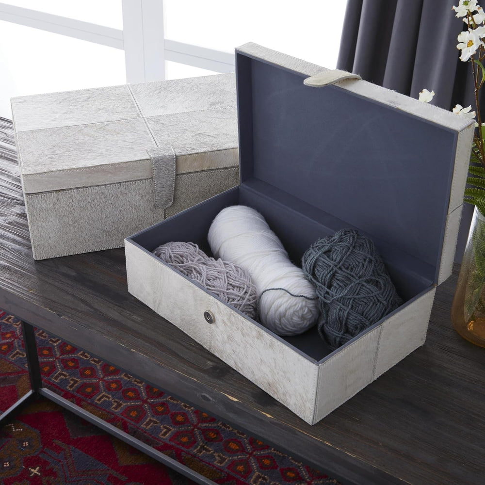Deco 79 Leather Handmade Box with Hinged Lid, Set of 2 17", 14"W, Gray