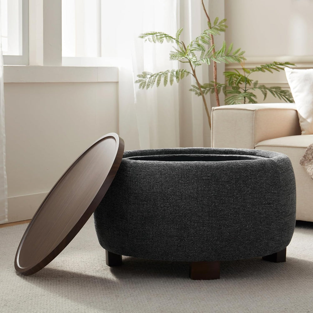 VKNOW 30 Inch Fabric Round Storage Ottoman with Wood Lift-Off Lid, Black