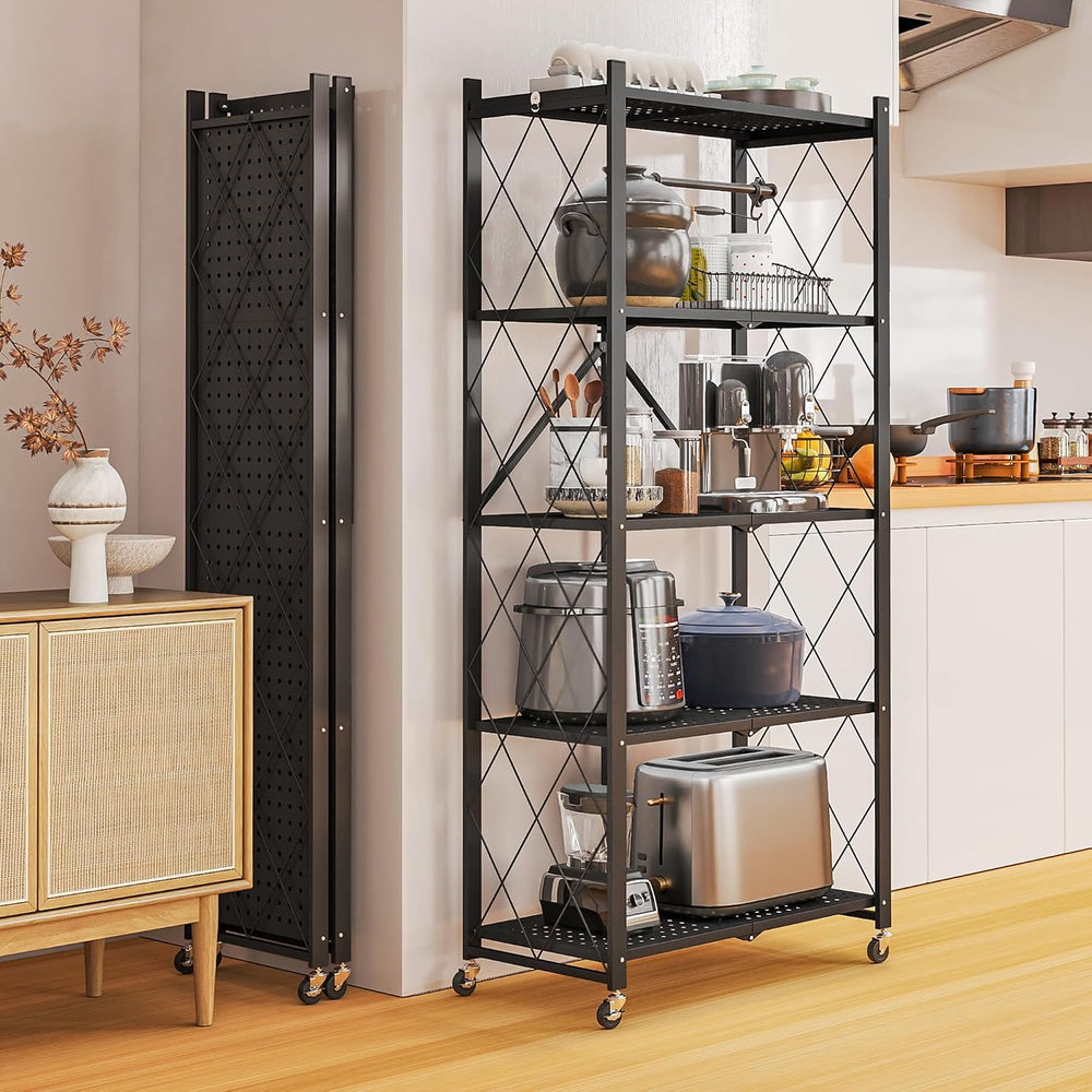 Fenbeli 5 Tier Storage Shelf with Wheels - Metal Collapsible Shelving Unit Di...