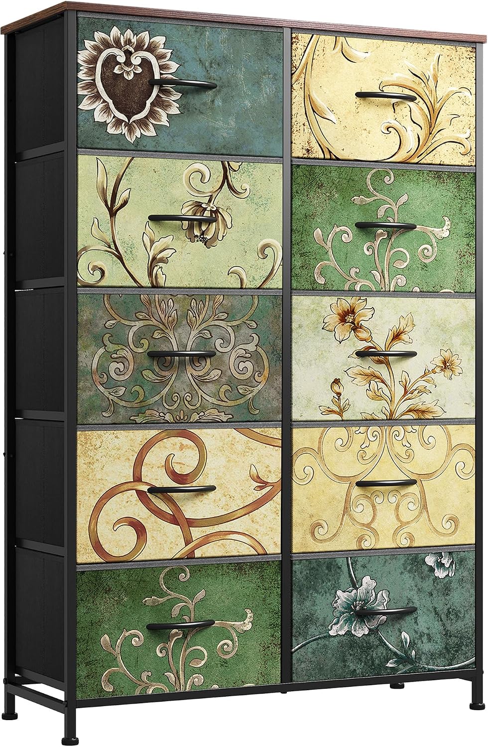 WLIVE Tall Dresser for Bedroom with 10 Fabric Drawers, Floral Painted