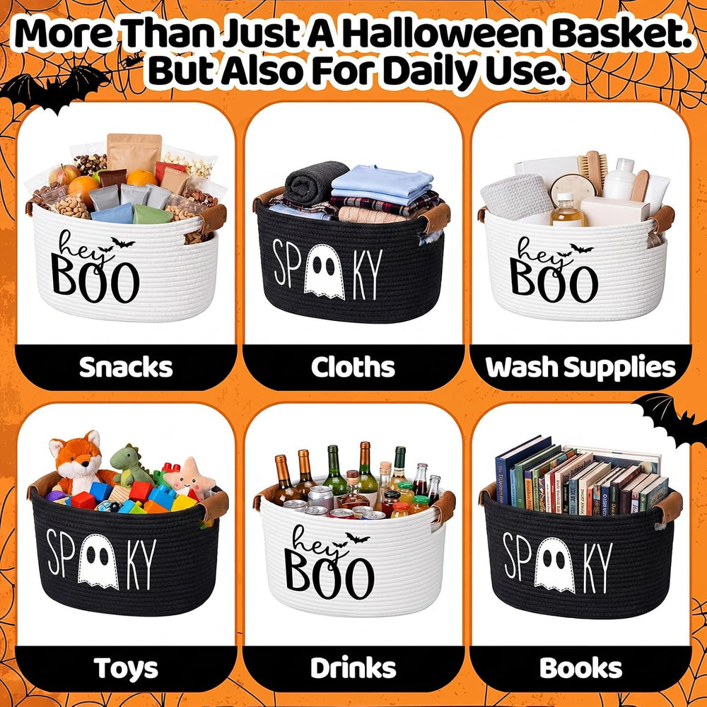 Potchen 2 Pcs Halloween Boo Cotton Rope Basket with Handles