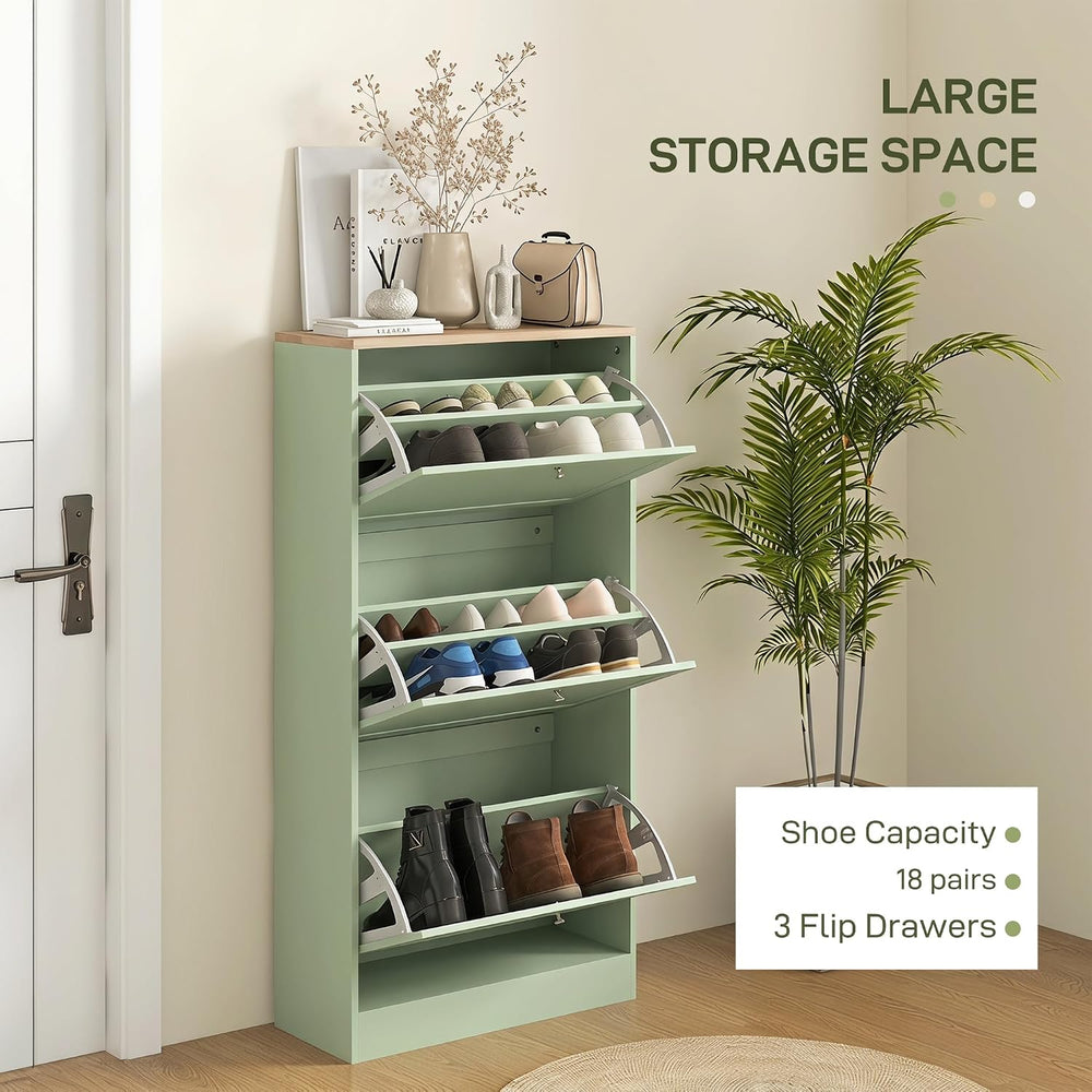 HOMCOM Modern Shoe Storage Cabinet with 3 Flip Drawers, Wooden Freestanding S...