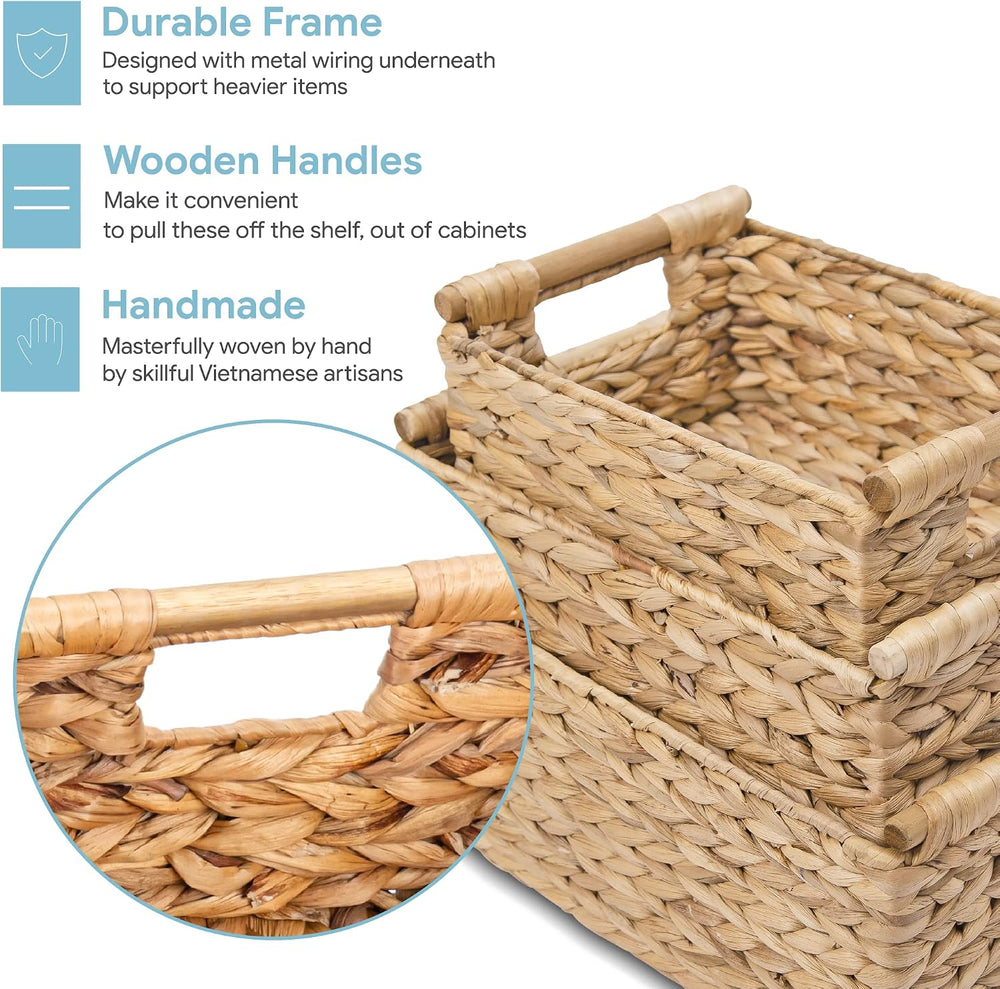 VATIMA Hyacinth Wicker Basket Set 3 size - Rectangular, Wooden Handles, Shelf...