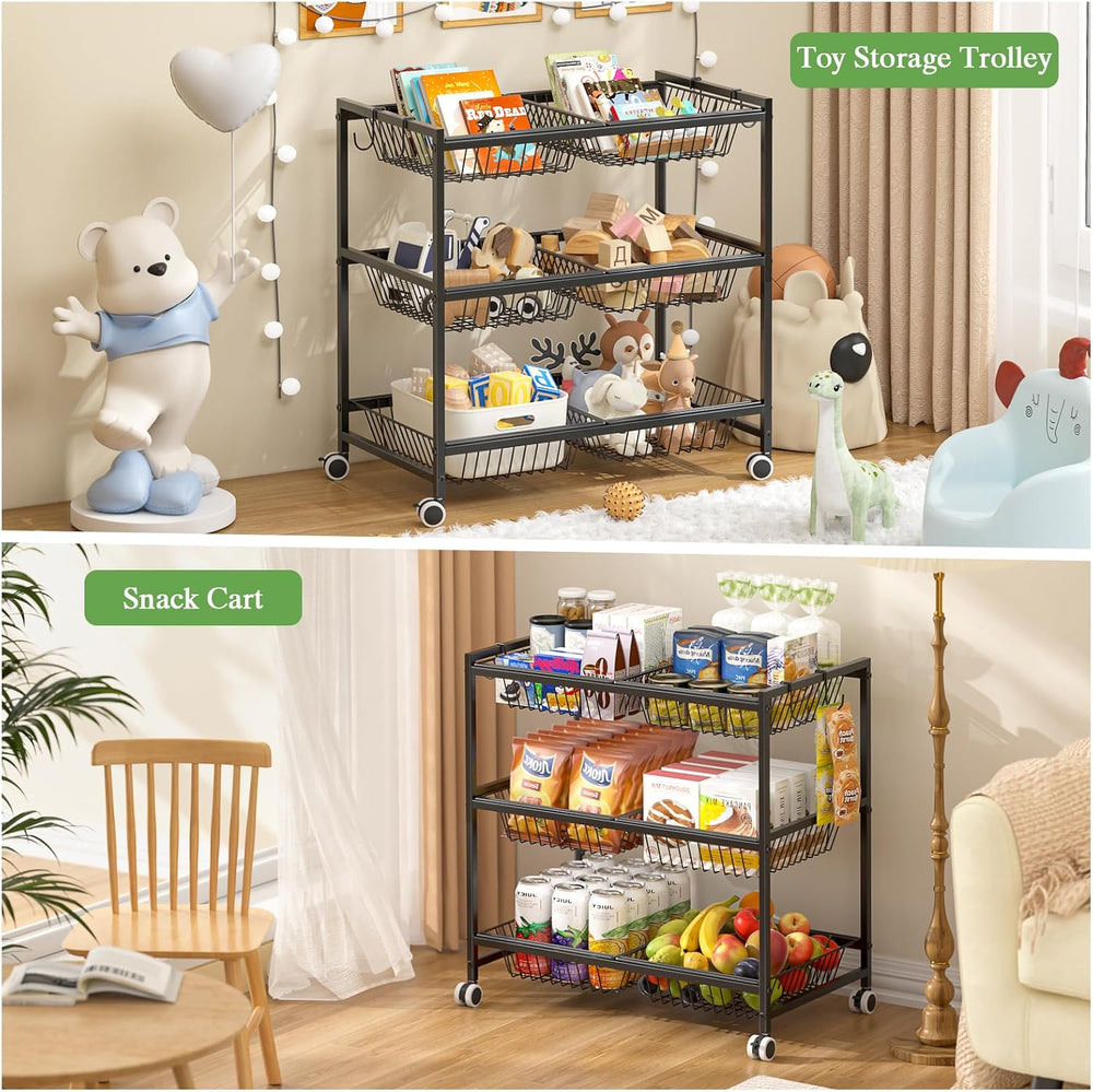 3-Tier Rolling Pantry Floor Organizer Cart with 6 Detachable Baskets, Metal W...