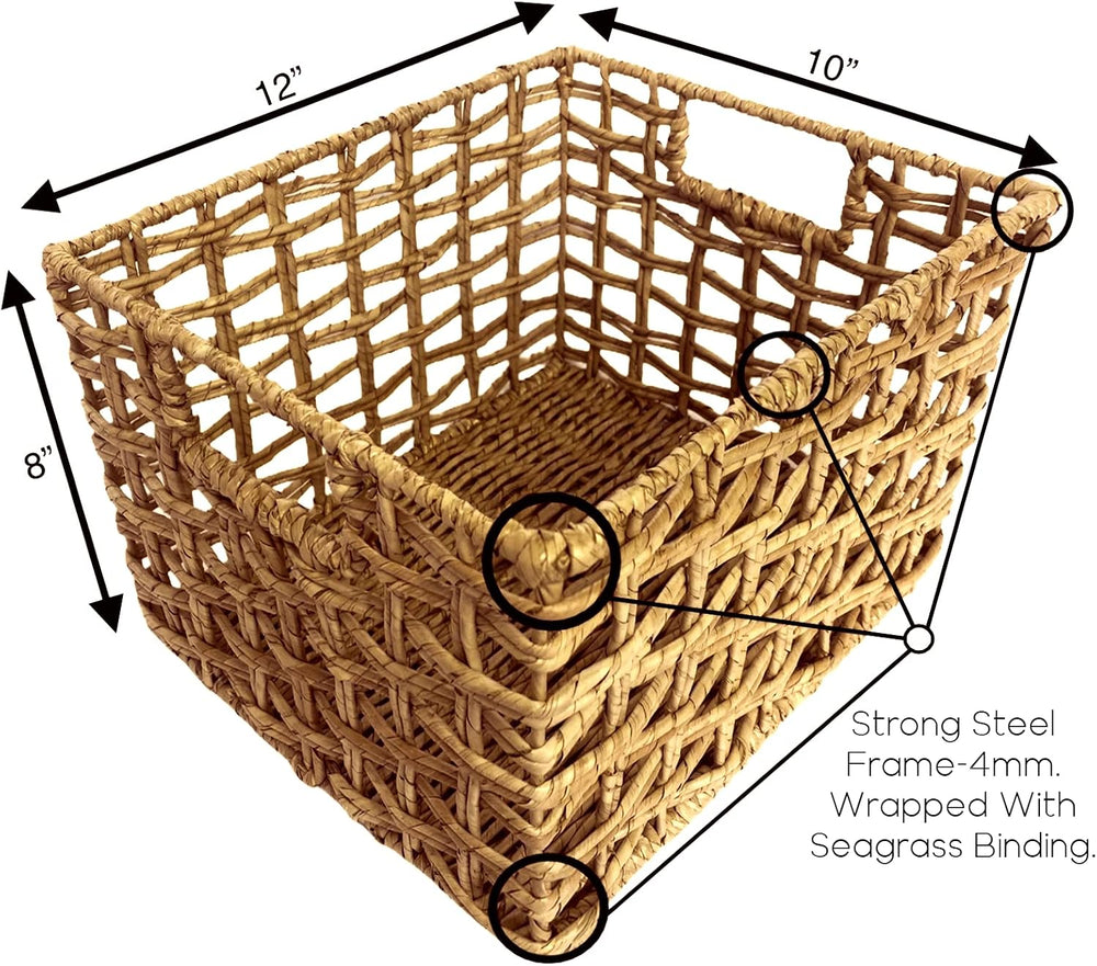 Handwoven Buri & Wicker Storage Baskets Set of 3 Open Weave, 12 x 10 x 8 In