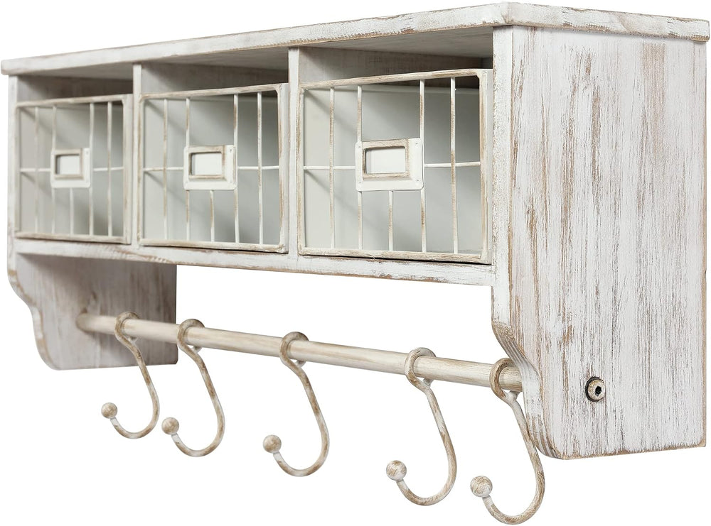 HBCY Creations Wall Mounted Shelf with Coat Hooks and Baskets, Solid Wood Ent...