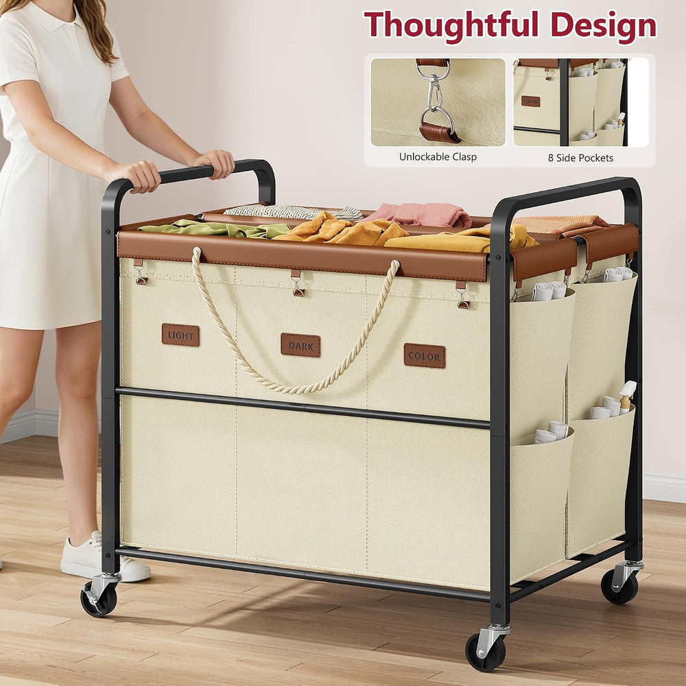 Tajsoon 350L Extra Large Laundry Cart, Laundry Hamper 6 Section, Beige