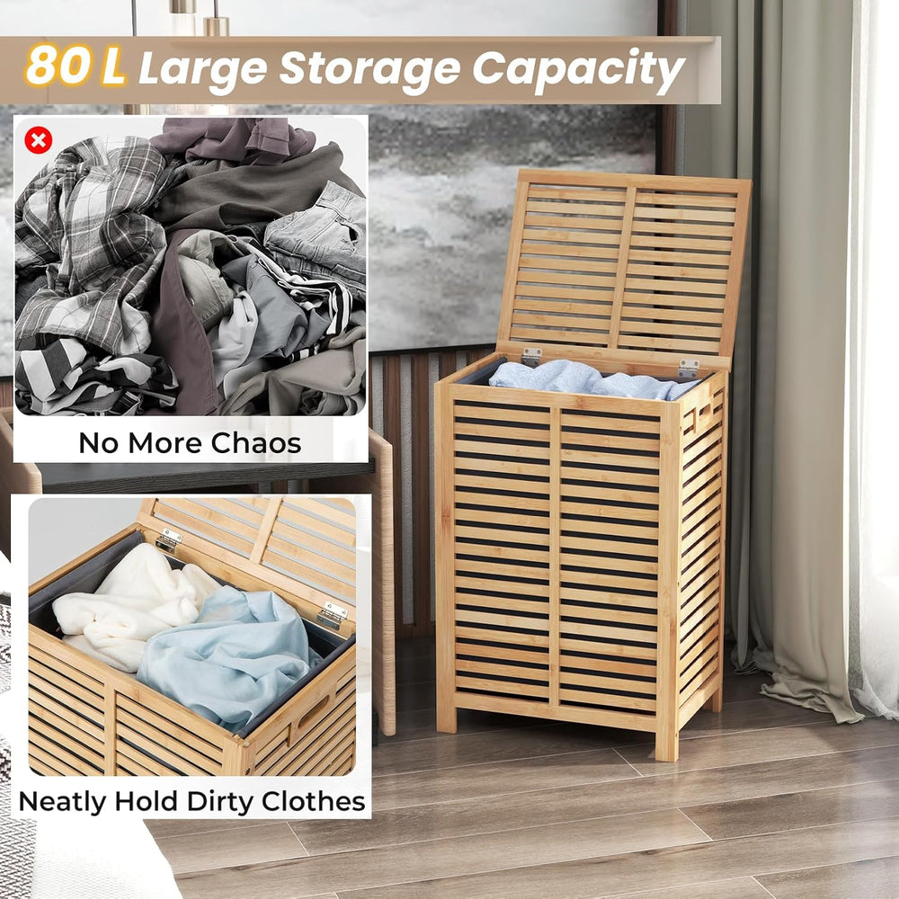 Multigot Bamboo Laundry Basket, Clothes Storage Hamper with Lid & Removab...