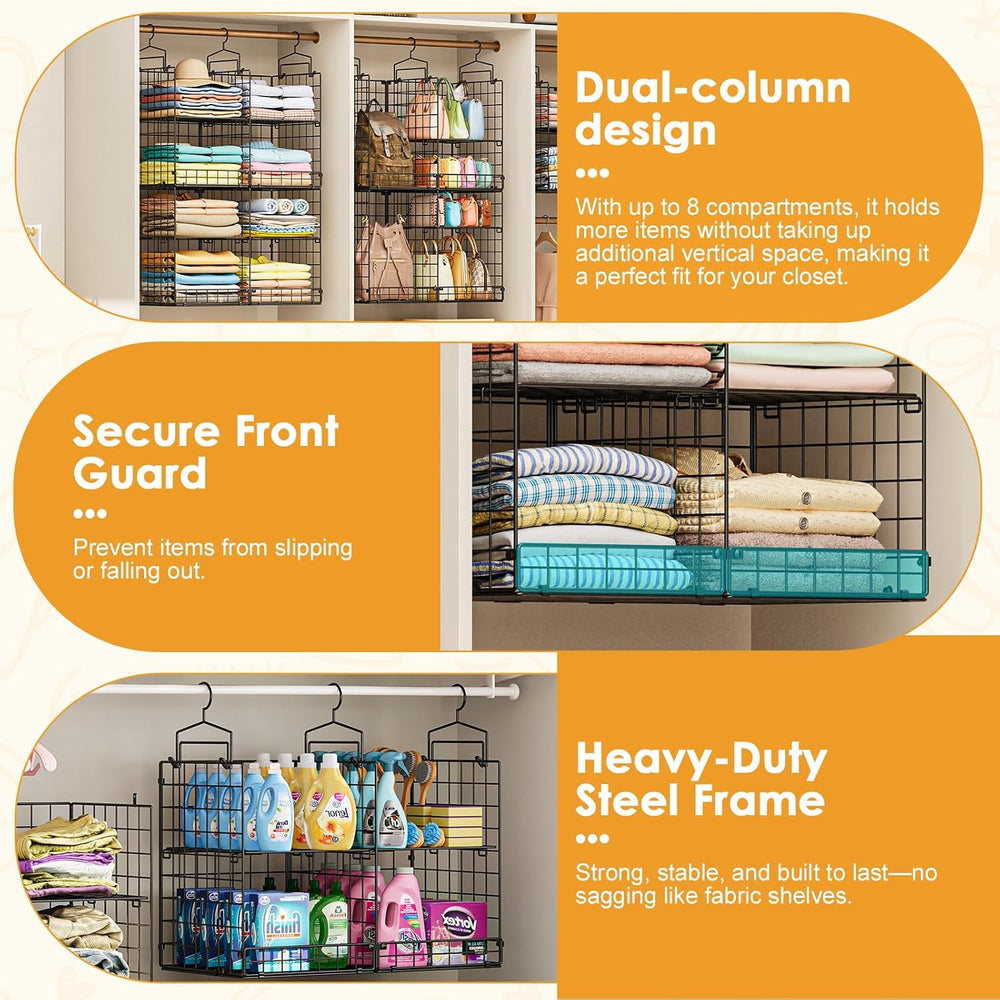 Hanging Closet Organizer with DIY Spacing, Double-Row Closet Hanging Shelves ...