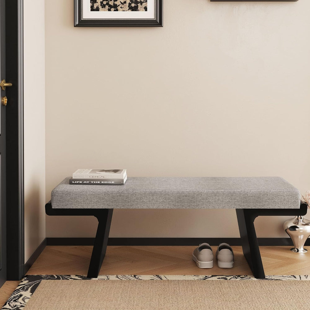 47.2" Black Wood Bedroom Bench, Upholstered Entryway Bench, Linen