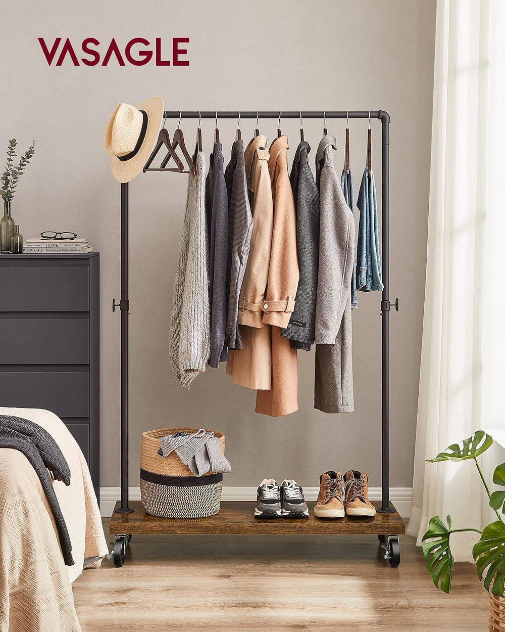 VASAGLE Clothes Rack, Heavy-Duty Rolling Garment Rack with Shelf