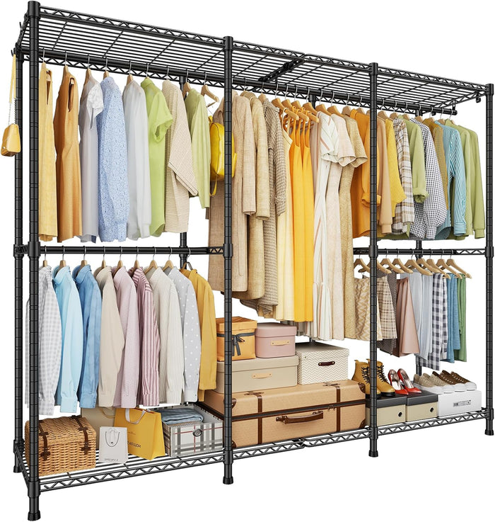 ULIFHOME E14 Pro Heavy Duty Clothes Rack,Freestanding Clothing Racks for Hanging Clothes,Adjustable Closet Organizers and Storage,Metal Garment Rack with Shelves 69"W x16"D x77"H,Max Load 960LBS,Black