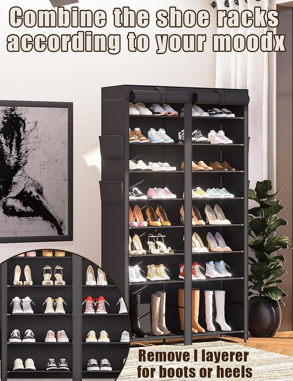 Shoe Rack with Covers - 9 Tiers Tall Shoe Rack Organizer Large Capacity Shoe ...