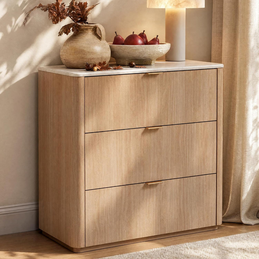 ModernMate 3 Drawer Dresser with Curved Profile & Faux Travertine Texture...