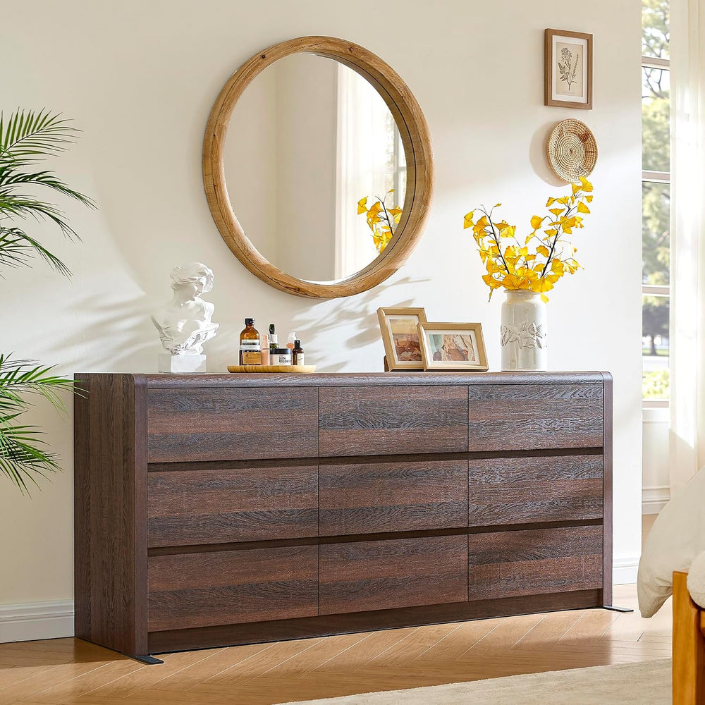63” Wide Dresser for Bedroom, 9 Drawer Dresser, Walnut Dresser, Rounded Corne...