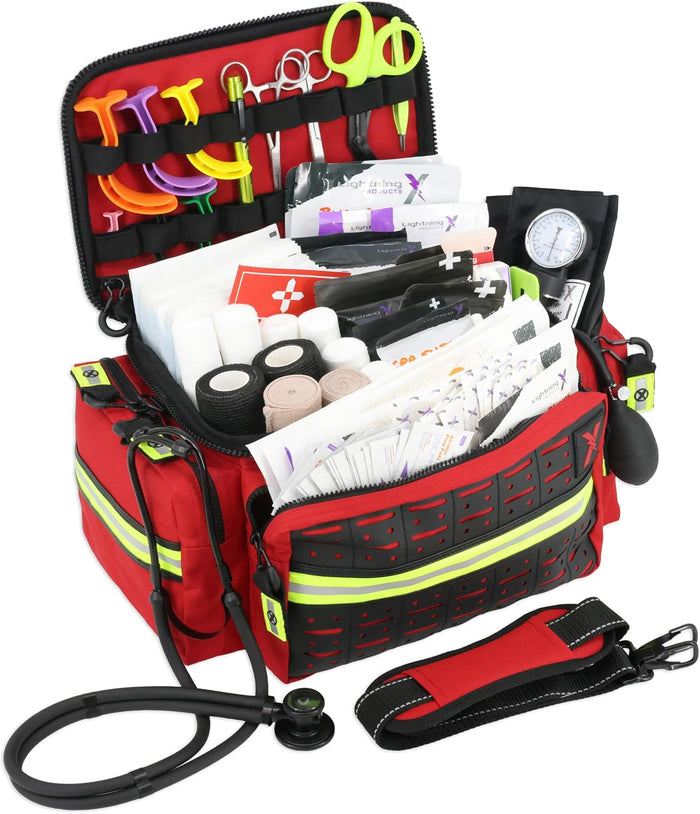 Lightning X Mid-Sized First Responder EMT Bag | LXMB25 | Fully Stocked w/ 240+ First Aid, EMS & Trauma Supplies - RED