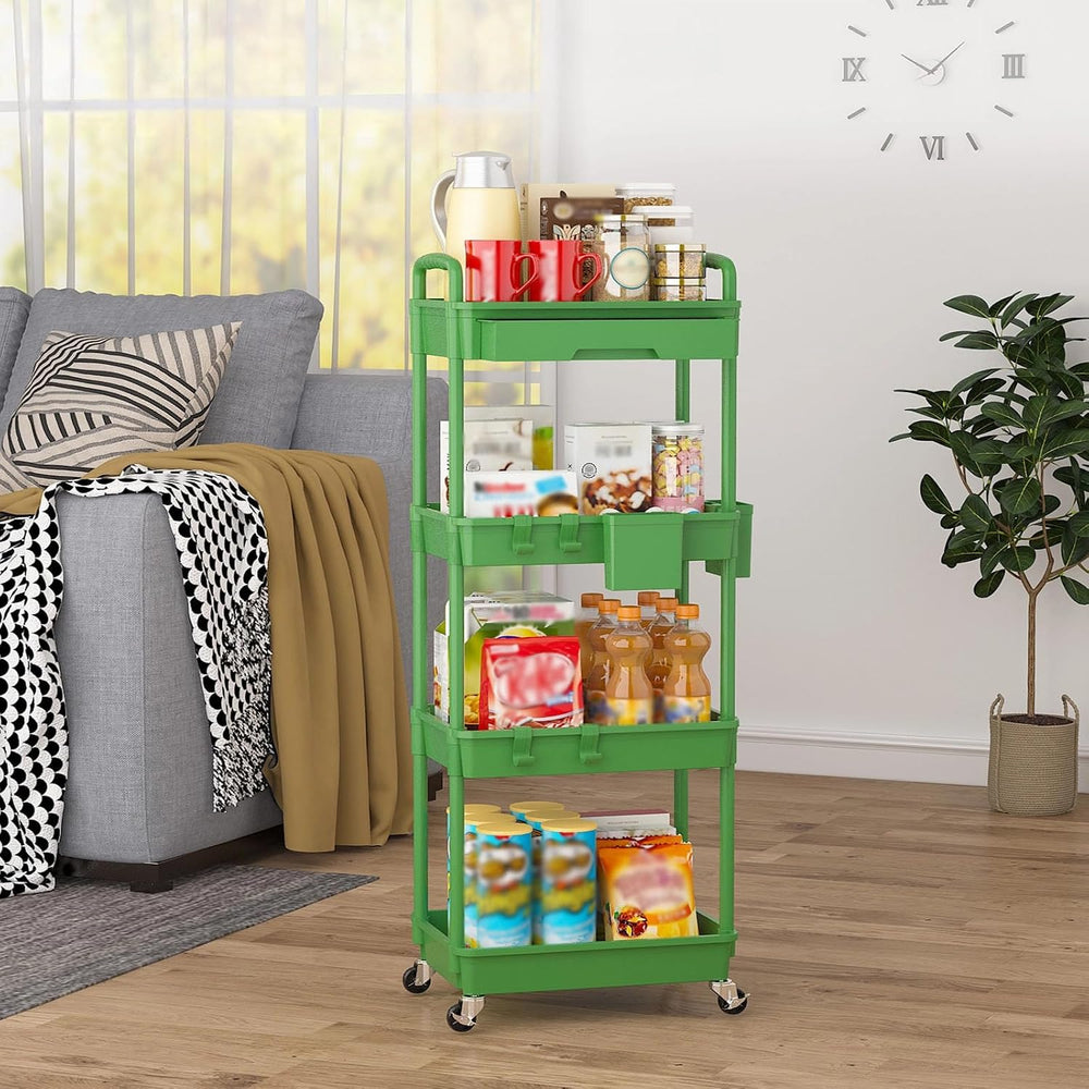 4 Tier Rolling Utility Cart with Drawer, Plastic Storage Organizer Rolling Ca...
