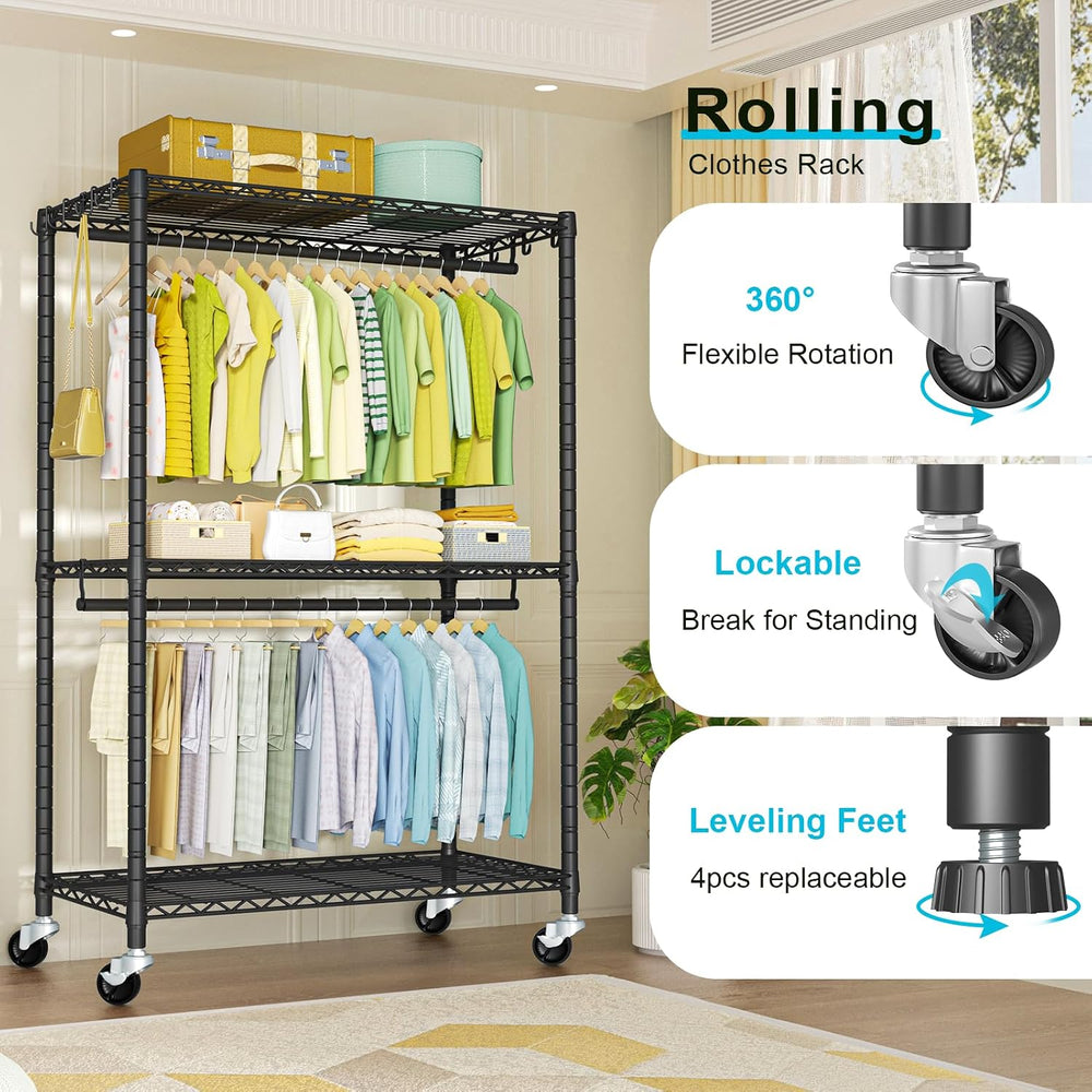 FUTASSI Rolling Clothes Rack, Clothing Racks for Hanging Clothes, Black