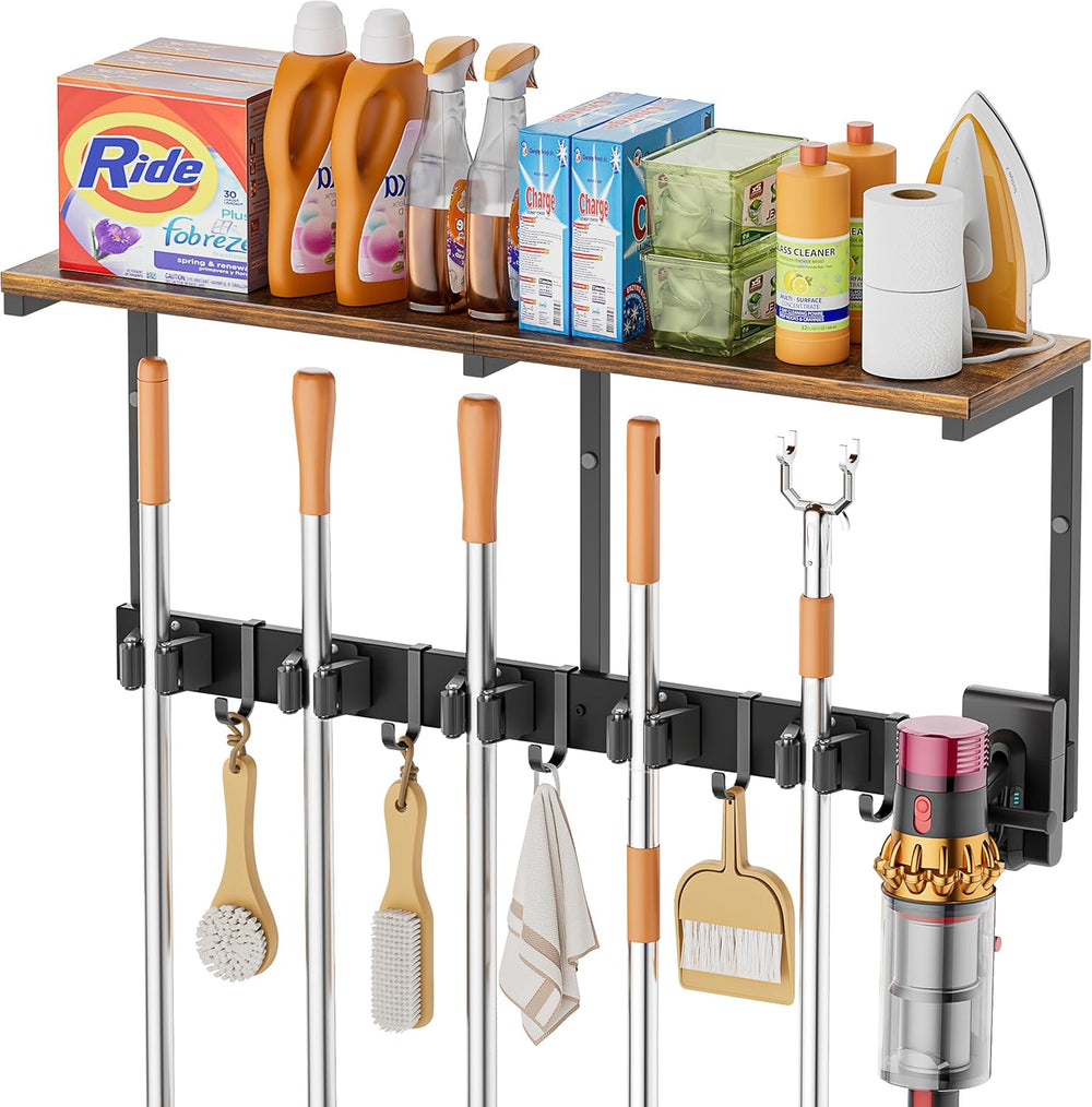 Broom Holder Wall Mount with Cleaning Supplies Organizer, Laundry Room Organi...