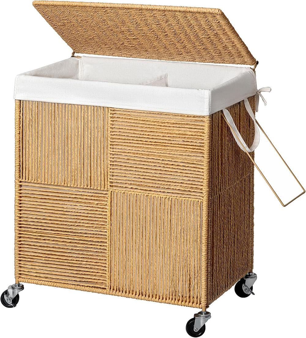 WOWLIVE Double Laundry Hamper with Wheels, Handwoven Rolling Laundry Basket