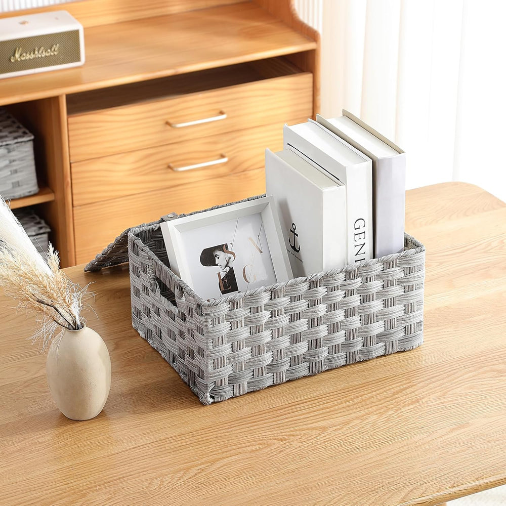 YMhoart Woven Storage Bins With Lids Shelf Baskets Wicker Organizing Rattan B...