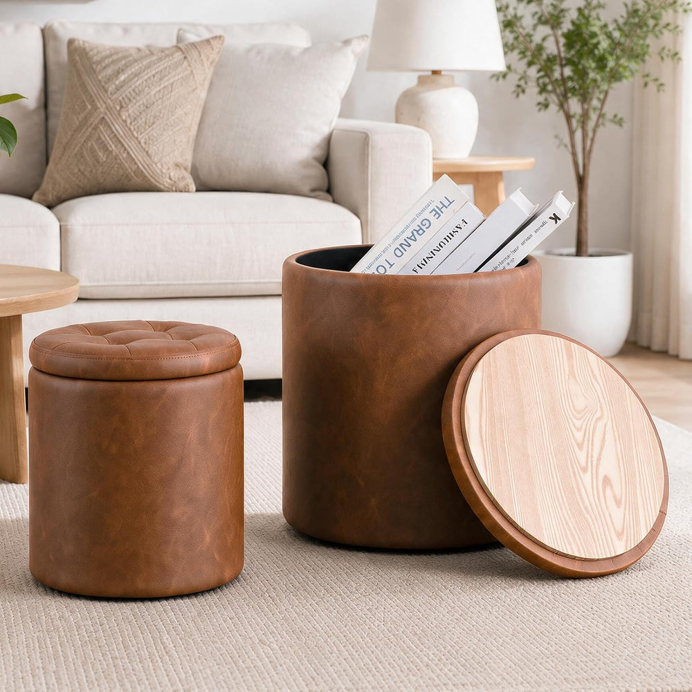 Round Ottoman with Storage Set of 2, 12.6"W x 14.17"H & 14.76&q...