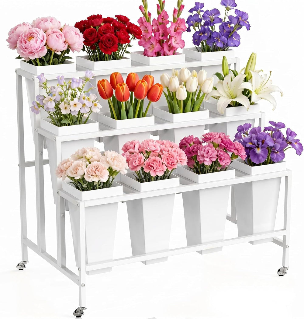 Asee'm Flower Display Stand with Buckets Bloom Bar Cart with Wheels White