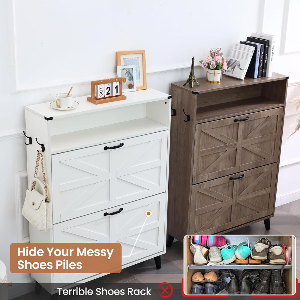 Shoe Storage Cabinet with 2 Flip Drawers, Farmhouse Shoe Cabinet with Open St...