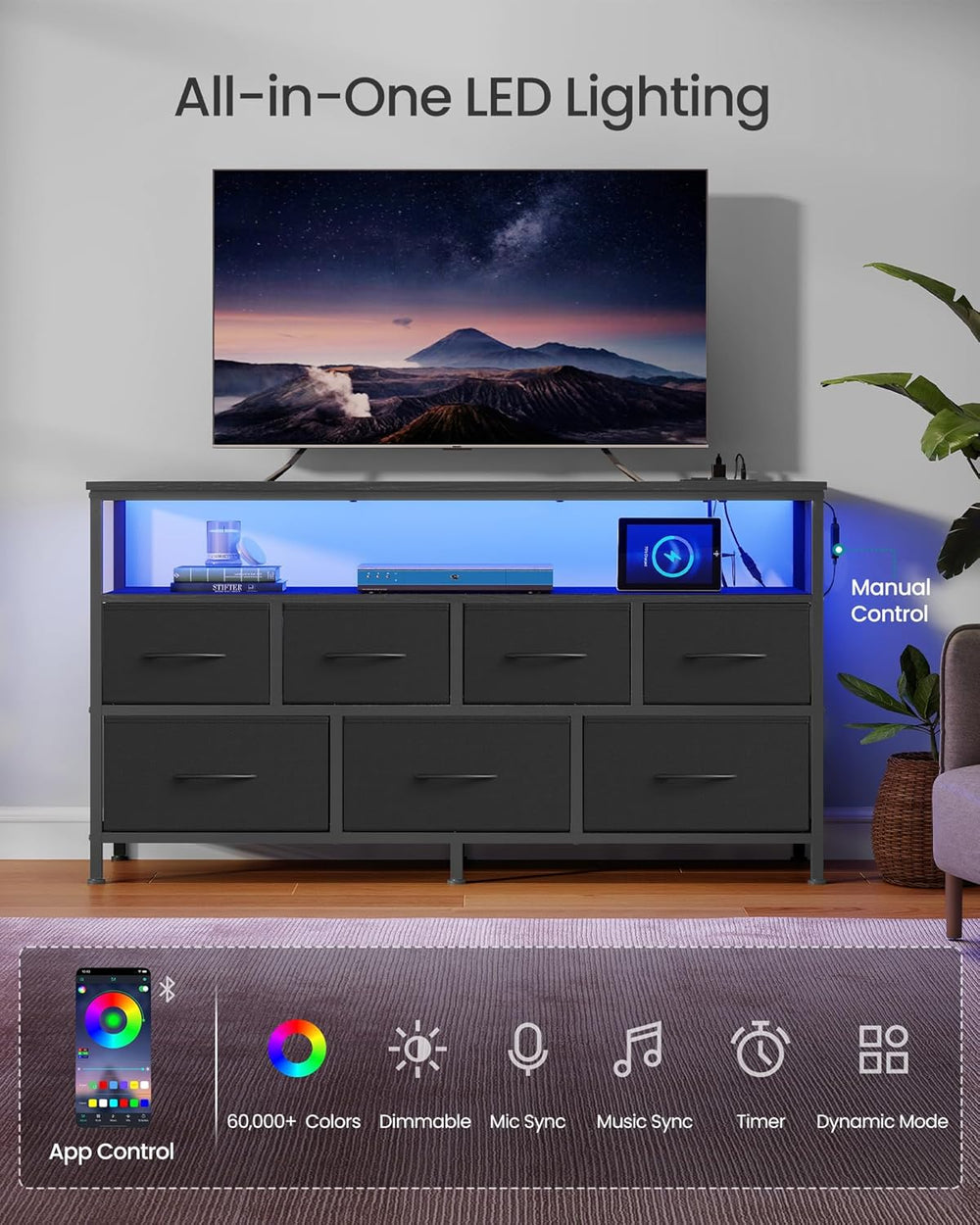 SONGMICS Dresser with App-Controlled LED Lights, 7 Fabric Drawers Dresser