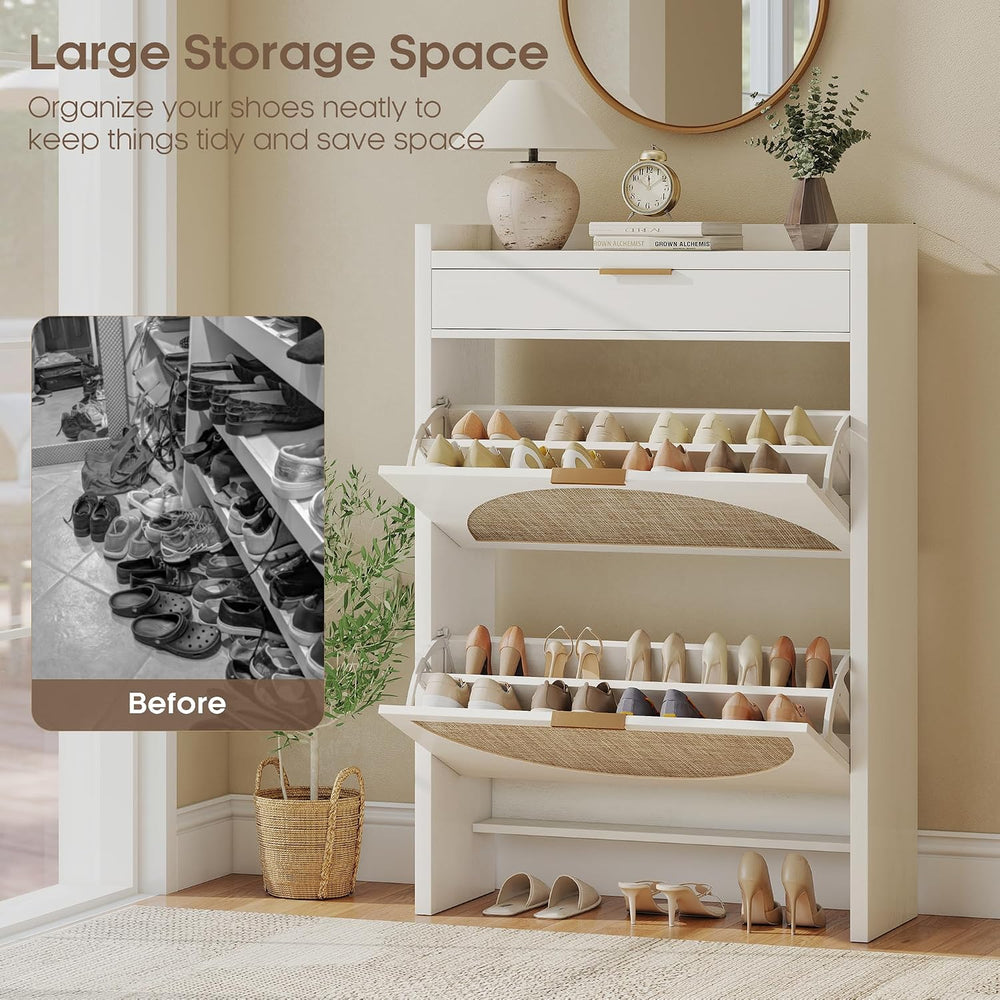 Quikraen Rattan Shoe Cabinet with 3 Drawers (2 Flip + 1 Slide), 31.5" Wi...