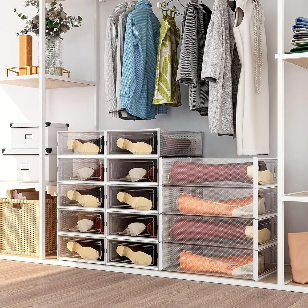 8-Piece Boot and Shoe Storage Box, Stackable Clear Plastic Shoe Box, Space-Sa...