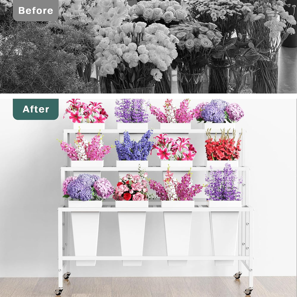 Asee'm Flower Display Stand with Buckets Bloom Bar Cart with Wheels White