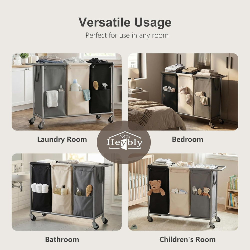 Heybly 3-Section Laundry Sorter Hamper,Rolling Laundry Hamper with Removable ...