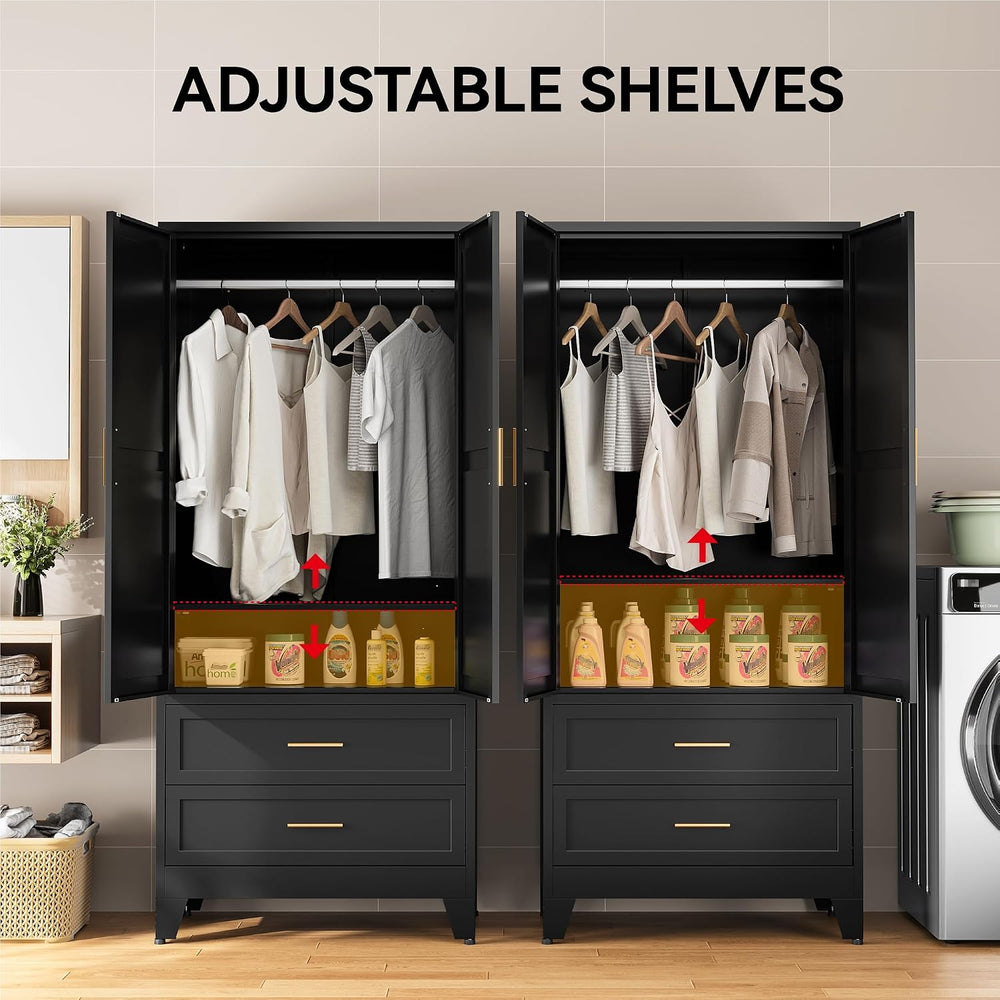 COFaR Black Metal Wardrobe Closet with 2 Drawers, 71" Steel Armoire Cabi...