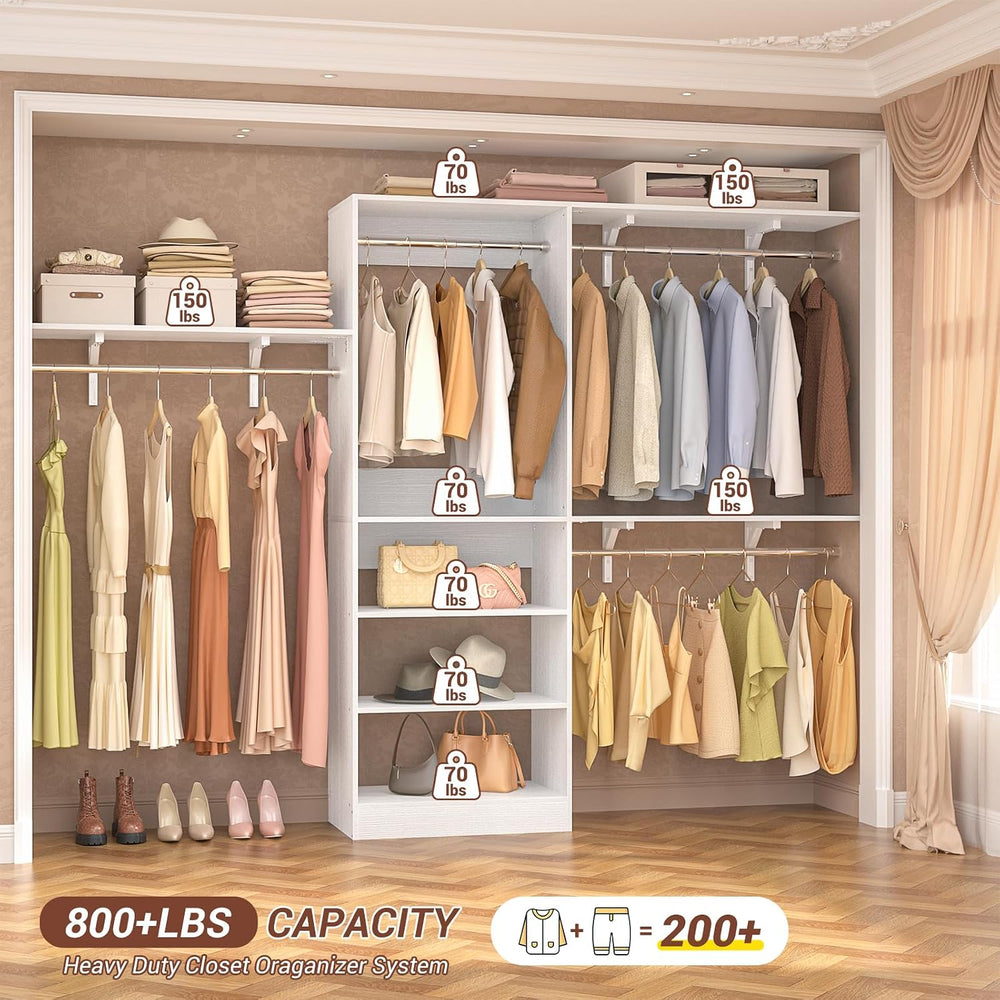 8FT Closet System with 3 Wooden Storage Shelves, 96'' Closet Organize...