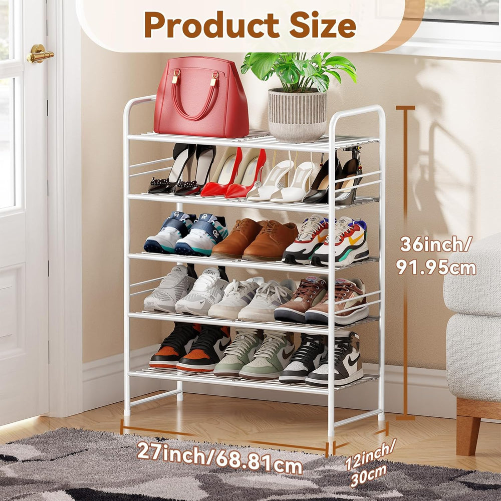 Simple Shoe Rack, 5 Tier Heavy Duty Metal Shoe Shelf 27 Inch Wide, White