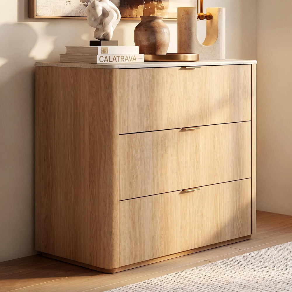ModernMate 3 Drawer Dresser with Curved Profile & Faux Travertine Texture...