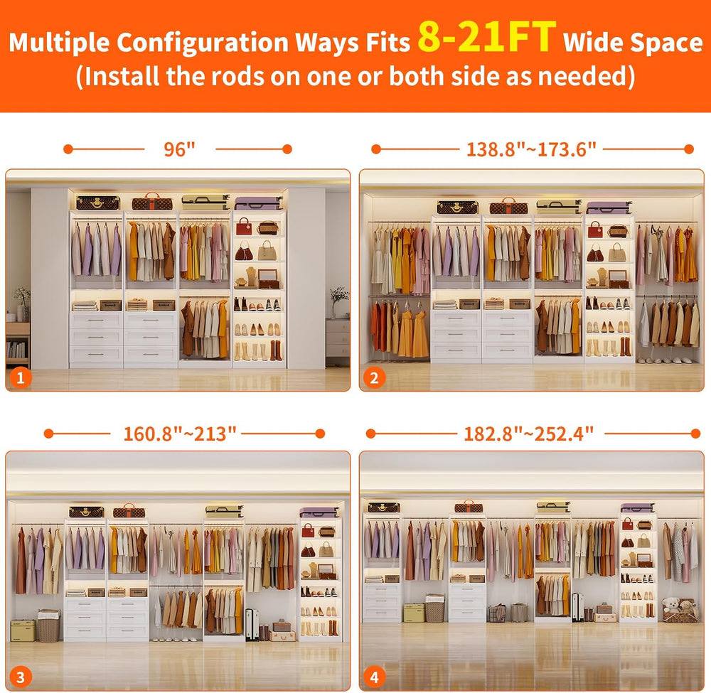 Closet System Set of 4, 8-21FT Closet System with 6 Drawers, 8 Shelves & ...