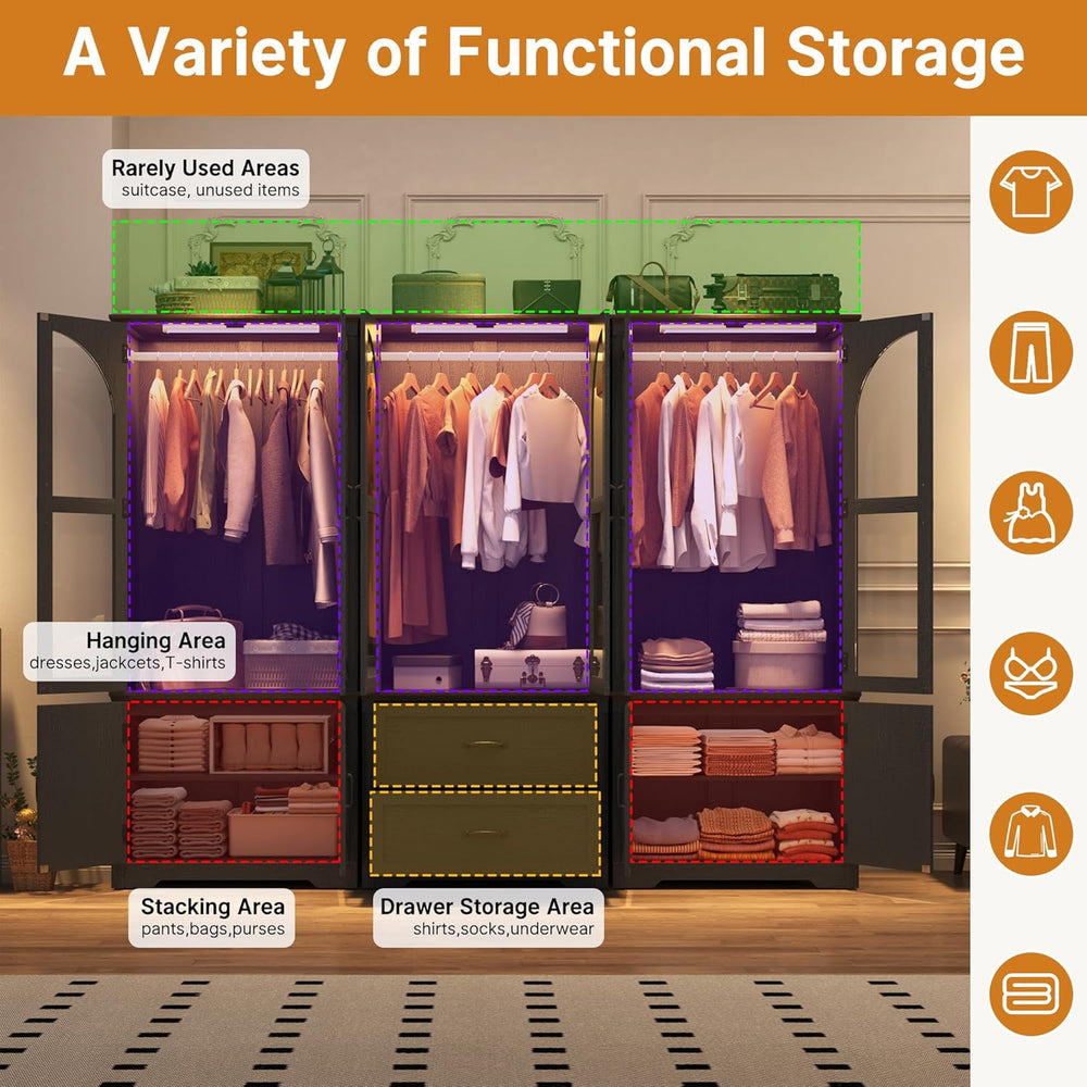 Tall Farmhouse 6 Doors Armoire Wardrobe Closet with LED ,72" Freestandin...