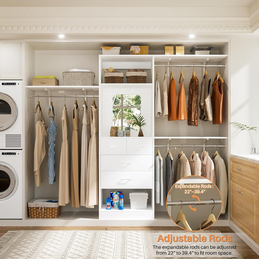 Unikito 8FT Closet System with 4 Drawers, 96" Wood Closet Organizer with...