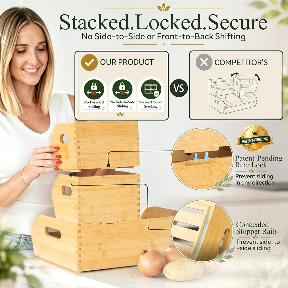 Bamboo Potato and Onion Storage Bin Wood Vegetable Garlic Produce Organizer