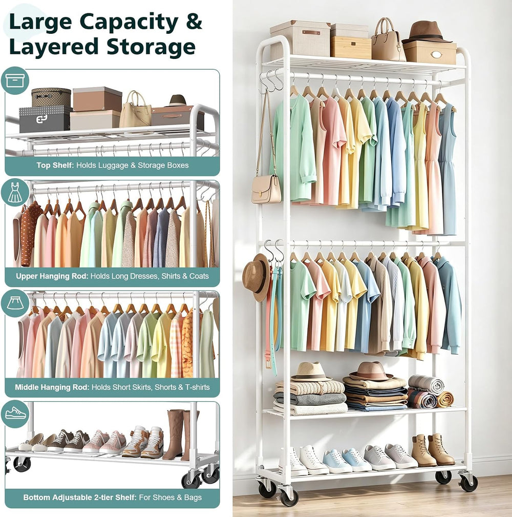 Luxspire Clothes Rack 3-Tier Portable Freestanding Closet with Shelves