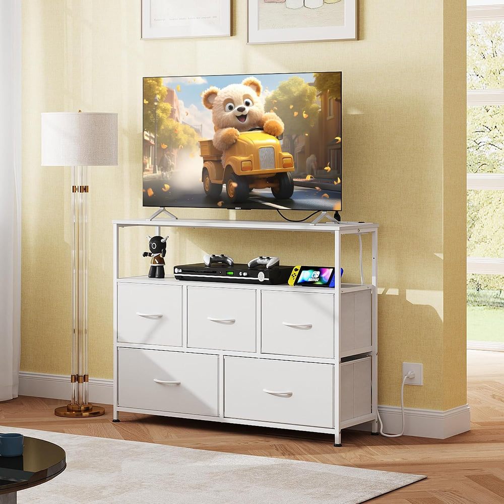 WLIVE White Dresser for Bedroom with 5 Drawers,Fabric Dresser with Charging S...