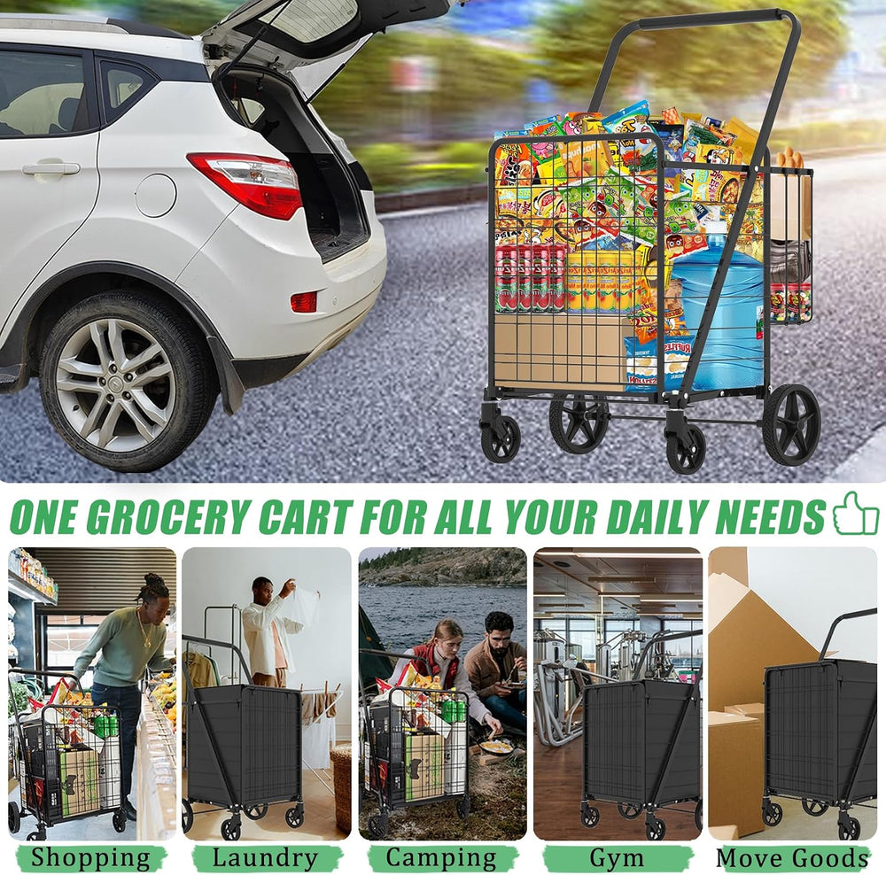 Heavy Duty Folding Shopping Cart with 360° Swivel Wheels, Super Jumbo